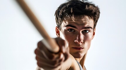 Young male javelin thrower throwing a spear on white background. 