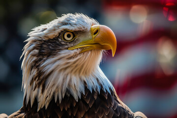 Fototapeta premium Eagle against the background of the US flag. Generative AI