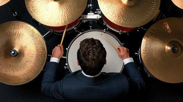 A businessman in a suit rocks out on the drums from above, contrasting professionalism with chaos in a minimalist style. 