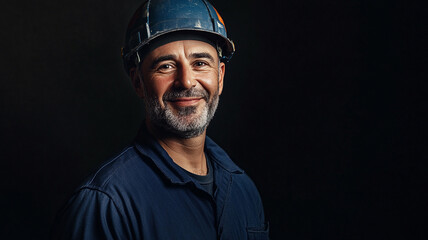 Fototapeta premium a smiling middle-aged worker in a dark blue uniform and helmet on a black background.