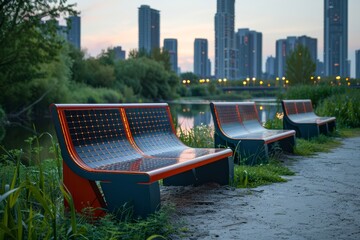Image of smart benches in a public park, equipped with solar panels and USB charging ports