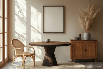 The creative composition of dining room with round table, rattan chair, wooden commode, poster and kitchen accessories. Beige wall with mock up poster. Home decor, Generative AI