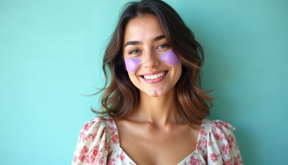 Fototapeta premium A young Caucasian woman with long brown hair and a warm smile, wearing a floral print top against a teal background