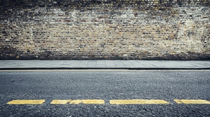 Fototapeta premium Empty urban street with a grunge warehouse brick wall in the background, capturing a rugged industrial vibe for street photography or product displays