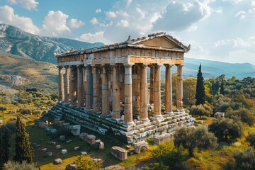 Obraz premium The Temple of Artemis, an ancient wonder of the world, renowned for its magnificent architecture and cultural significance. This grand temple, dedicated to the goddess Artemis, features intricate colu