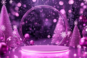 Obraz premium Festive winter Christmas podium decorated with glowing lights and ornaments background