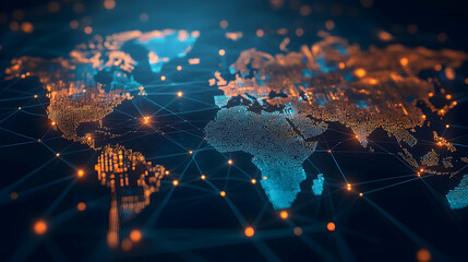 Abstract world map showcasing global connectivity and cyber technology -