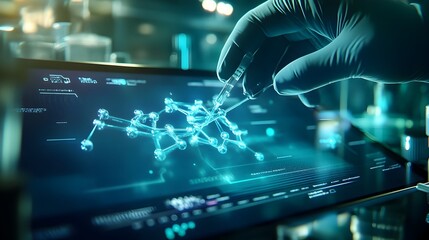 Digital Touchscreen Display of New Drug Molecule Model in Sterile Lab Environment