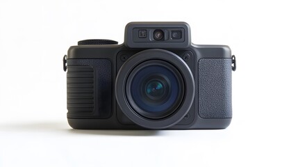 Fototapeta premium New 4K action camera in black color. Isolated white background. 