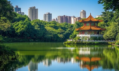 A pagoda by a lake with city buildings in the