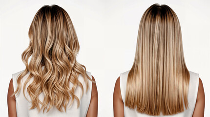 Fototapeta premium Straight vs. Curly. Hair Transformation. Woman with Long Straight and Curly Hair. Before and After Hair Styling.