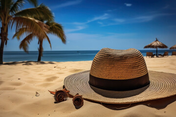 Hat on the sand of the beach. Generative AI