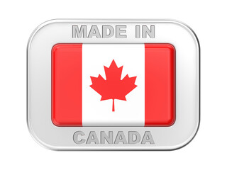 Made in Canada, silver badge with the national flag of Canada