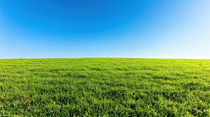 Obraz premium Expansive lush green pasture under a clear blue sky, perfect for summertime nature-themed designs. Ample copy space for text or branding