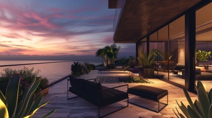 Ultra detailed balcony with ocean vistas, modern black furniture