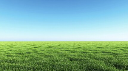 Obraz premium Expansive lush green pasture under a clear blue sky, perfect for summertime nature-themed designs. Ample copy space for text or branding