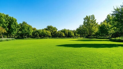 Expansive lush green pasture under a clear blue sky, perfect for summertime nature-themed designs. Ample copy space for text or branding