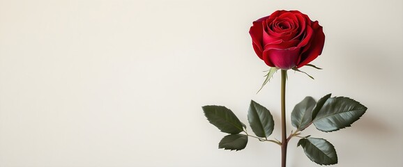 Fototapeta premium Single red rose on cream background. Singles Day minimal design
