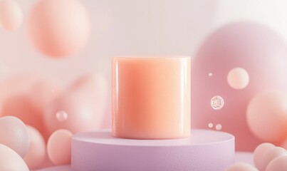 Pink cylinder on platform with floating orbs.