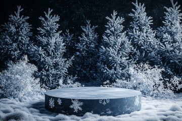 Festive winter Christmas podium decorated with glowing lights and ornaments background
