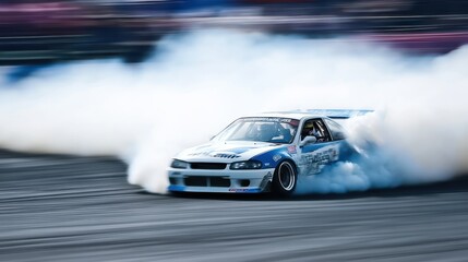 A dramatic scene of a car drifting with smoke billowing around, emphasizing adrenaline and speed