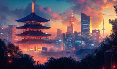 Fototapeta premium A pagoda stands tall in a city at sunset.