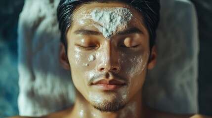 Fototapeta premium Asian man on spa procedure. Asian man in spa salon. Asian self-care. Cosmetology.