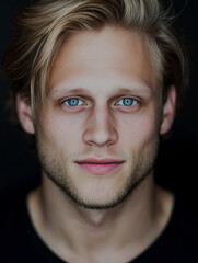Obraz premium Intriguing Gaze: A captivating portrait of a young man with piercing blue eyes and tousled blonde hair. His confident expression and soft smile hint at a story waiting to be told.