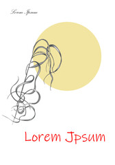 Minimalistic design of the invitation card template, postcards. A drawing of a plant in black ink on a background of a yellow circle and a white surface.