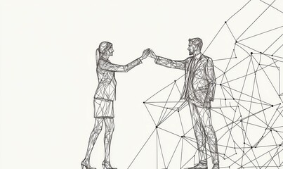 Wireframe silhouettes of a man and woman shaking hands.