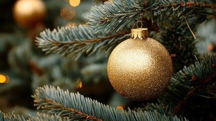 Golden Christmas ball nestled in tree branches, creating a festive, elegant holiday look. Ideal for Christmas-themed ads or holiday greetings.