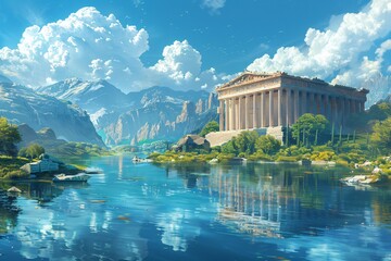 Fototapeta premium The Temple of Artemis, an ancient wonder of the world, renowned for its magnificent architecture and cultural significance. This grand temple, dedicated to the goddess Artemis, features intricate colu