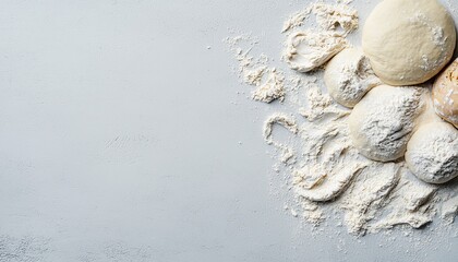 A close-up of flour scattered on a surface, with dough balls resting nearby, evoking a sense of baking and culinary creativity.