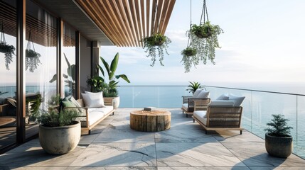 Obraz premium Ultra detailed balcony with ocean vistas, modern wooden furniture