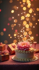 A delicious birthday cake with a pink flower and bokeh lights.