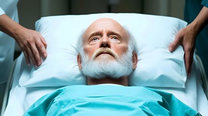 Obraz premium A solemn elderly man lies in a hospital bed, looking contemplative, as two medical staff gently assist him.