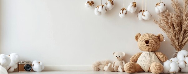 Stylish scandinavian newborn baby room with toys, plush animal, photo camera and child accessories. Cozy decoration and hanging cotton balls on the white wall. Copy, Generative AI