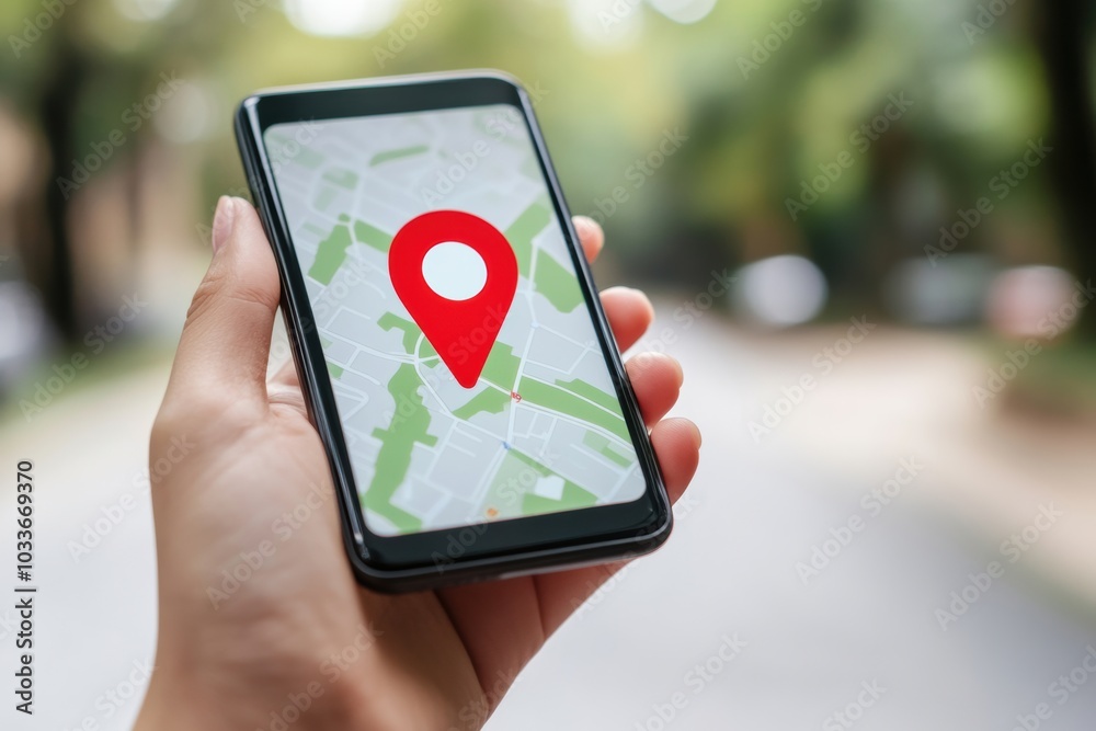 Aufkleber A male hand grasps a smartphone showing a clear location pin on a map, indicating a point of interest on a sunny day outdoors. Generative AI
