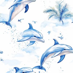 Fototapeta premium A vibrant illustration of playful dolphins leaping through a serene ocean scene, surrounded by gentle waves and tropical elements.