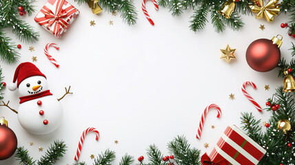 christmas frame with snowman, presents gift, bells, candy cane, leafs and light shinning, with white blank background easy to edit