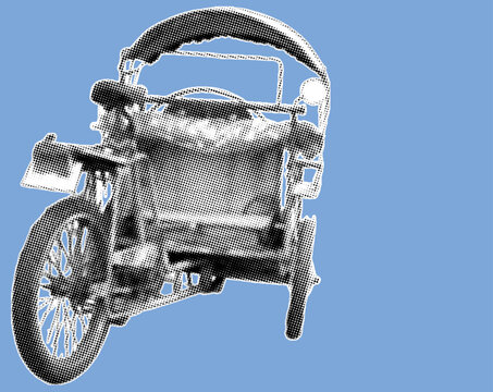 rear view of bentor or motor rickshaw pixelate grayscale color halftone dotted texture style collage element isolated on blue background