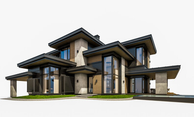 3d rendering of modern two story house with gray and wood accents, large windows, parking space in the right side of the building, daylight, isolated on white