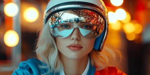 Futuristic Vision: A woman with a determined gaze, her face partially obscured by a sleek white helmet and mirrored goggles, stands against a backdrop of warm, blurred lights.