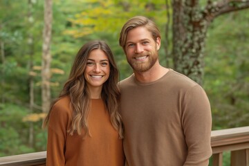 Fototapeta premium A smiling couple wearing matching brown knit sweaters, standing outside on a wooden deck with a natural green forest in the background, capturing a cozy and serene moment in nature