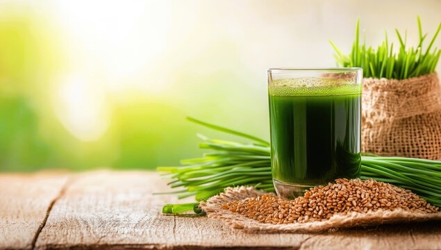 Green organic wheat grass drink over wood background,young grass stage. Fresh juice.