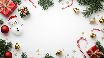 christmas frame with snowman, presents gift, bells, candy cane, leafs and light shinning, with white blank background and copy space