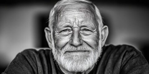 Fototapeta premium The Wisdom of Experience: A powerful black and white portrait of a senior man, radiating a lifetime of wisdom and resilience in his weathered face and gentle eyes. 