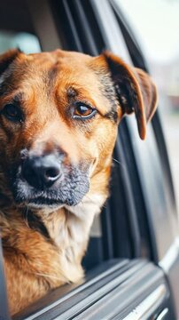 A brown dog is looking out the window of a car. The dog's eyes are closed, and it is looking at something outside