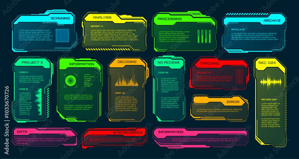 Poster futuristic hud or ui elements. sci-fi user interface text boxes, callouts. colorful warning message 