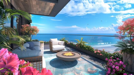 Ultra detailed balcony with oceanfront scenery, equipped with a fire pit
